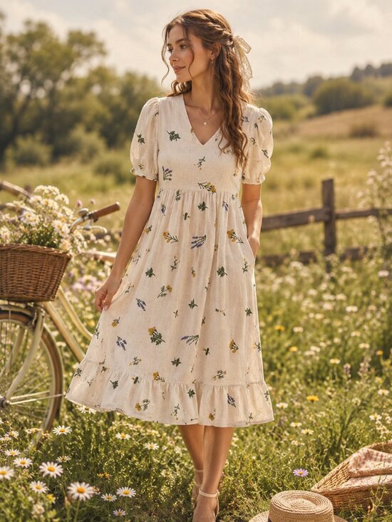 Kourt Dresses & Skirts - Kourt Midi Dress Med Embroidered Floral Puff Sleeve Pockets Cottagecore Prairie